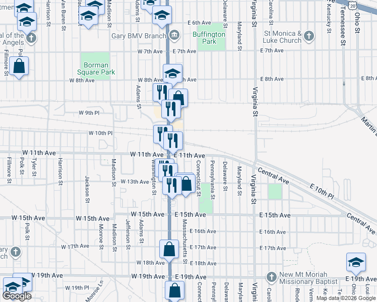 map of restaurants, bars, coffee shops, grocery stores, and more near 2-98 East 11th Avenue in Gary