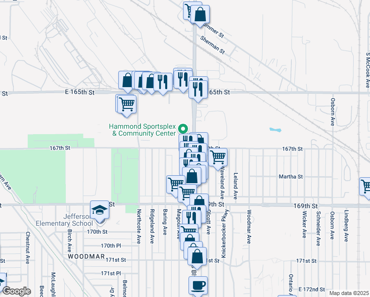 map of restaurants, bars, coffee shops, grocery stores, and more near 1936 167th Street in Hammond