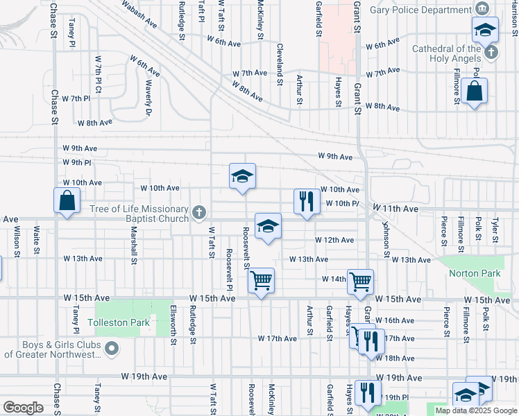 map of restaurants, bars, coffee shops, grocery stores, and more near 2141 W 10th Pl in Gary