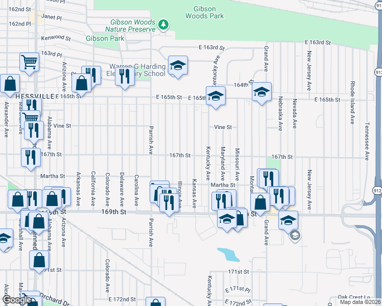 map of restaurants, bars, coffee shops, grocery stores, and more near 6650 Kansas Avenue in Hammond