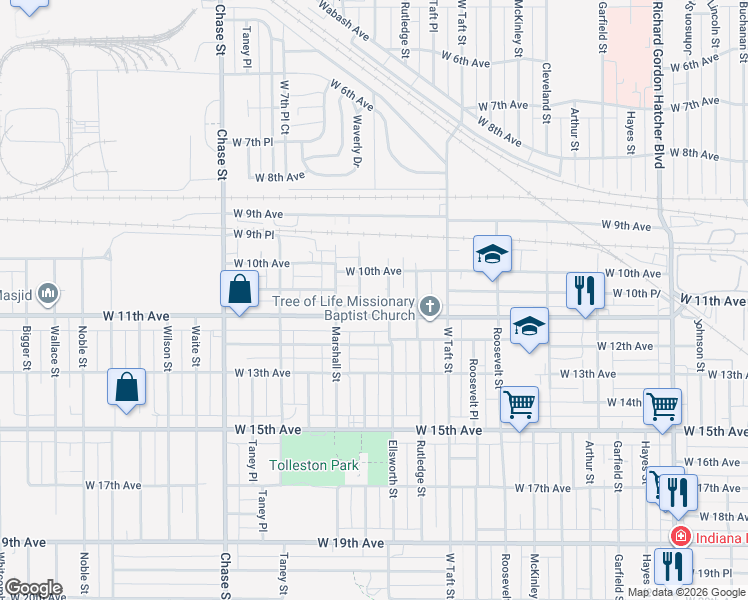 map of restaurants, bars, coffee shops, grocery stores, and more near 2522 West 10th Place in Gary