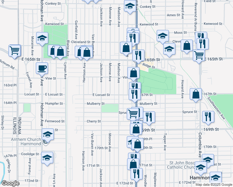 map of restaurants, bars, coffee shops, grocery stores, and more near 6650 Madison Avenue in Hammond