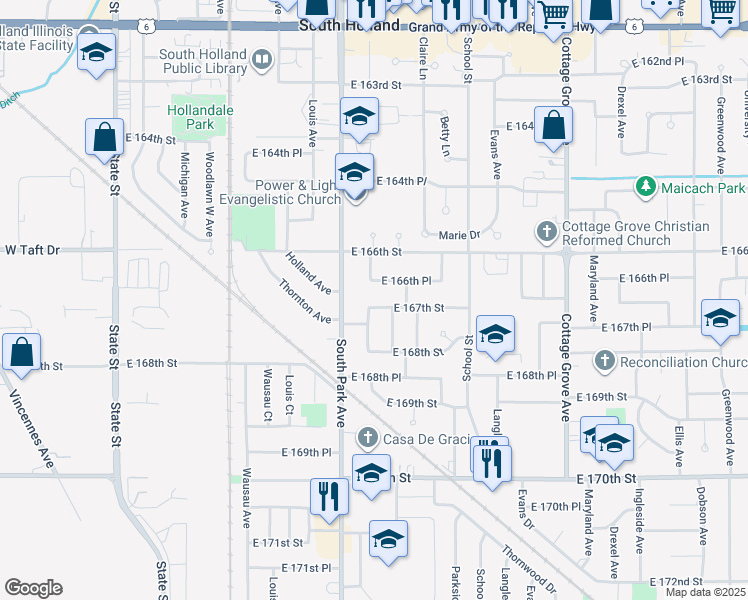 map of restaurants, bars, coffee shops, grocery stores, and more near 440 East 167th Street in South Holland