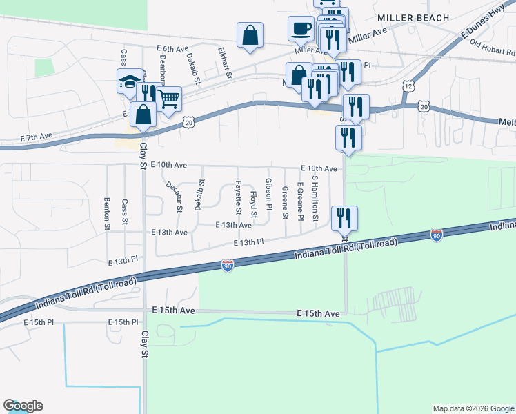 map of restaurants, bars, coffee shops, grocery stores, and more near 1151 Floyd Street in Gary