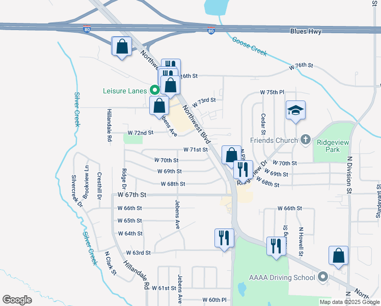 map of restaurants, bars, coffee shops, grocery stores, and more near 2619 West 71st Street in Davenport