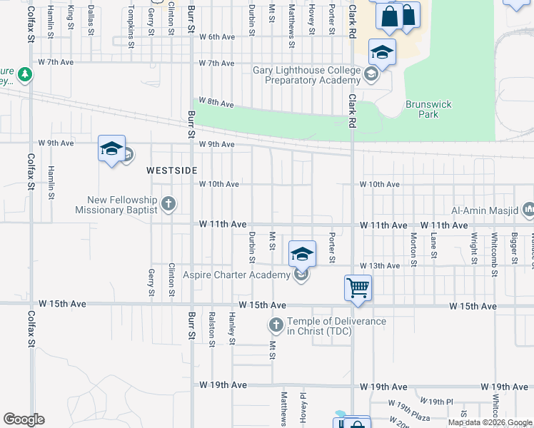 map of restaurants, bars, coffee shops, grocery stores, and more near 1074 Mount Street in Gary