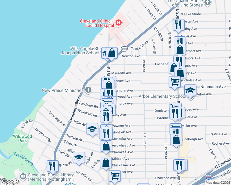 map of restaurants, bars, coffee shops, grocery stores, and more near 18650 Naumann Ave in Euclid