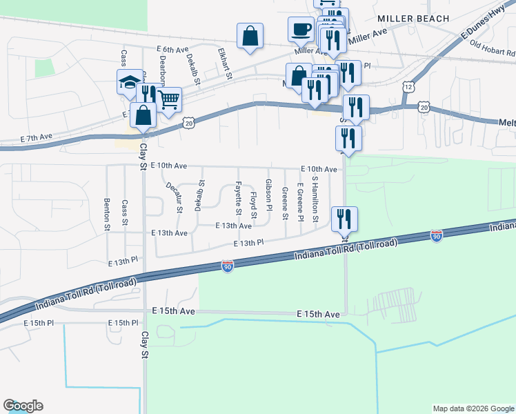 map of restaurants, bars, coffee shops, grocery stores, and more near 1151 Floyd Street in Gary