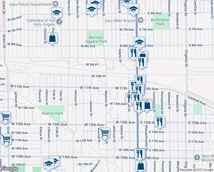 map of restaurants, bars, coffee shops, grocery stores, and more near 1051 Madison Street in Gary