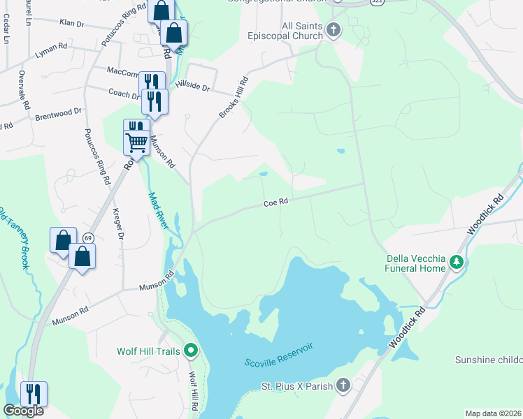 map of restaurants, bars, coffee shops, grocery stores, and more near 90 Coe Road in Wolcott