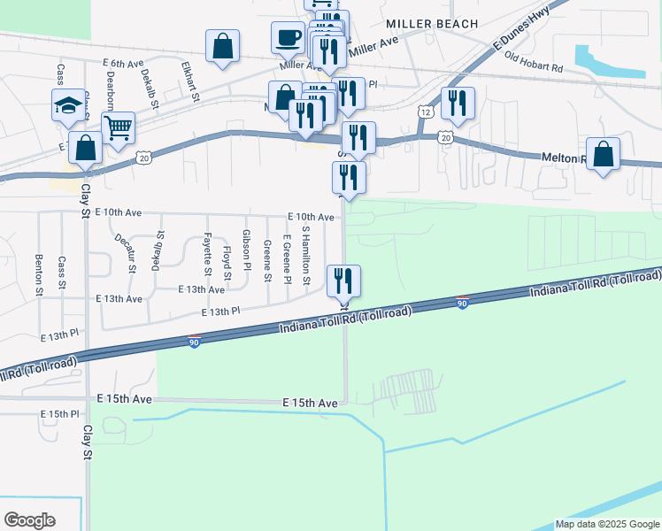 map of restaurants, bars, coffee shops, grocery stores, and more near 1141 Hamilton Pl in Gary