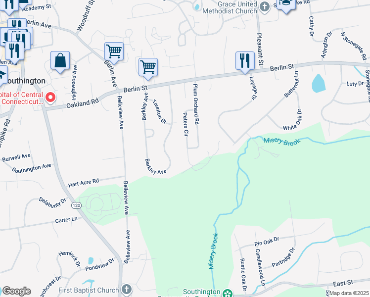 map of restaurants, bars, coffee shops, grocery stores, and more near 116 Peters Circle in Southington
