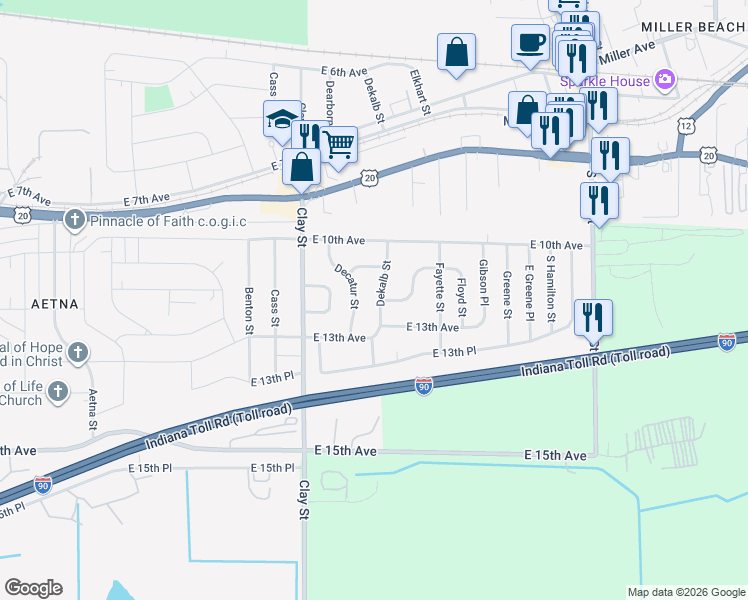 map of restaurants, bars, coffee shops, grocery stores, and more near 1156 Dekalb Street in Gary