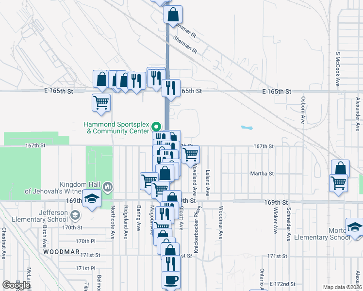 map of restaurants, bars, coffee shops, grocery stores, and more near Olcott Avenue in Hammond