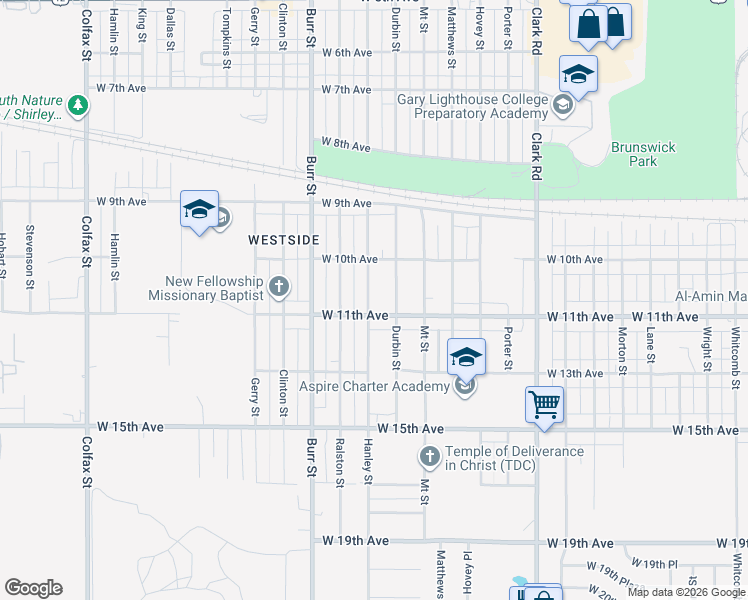 map of restaurants, bars, coffee shops, grocery stores, and more near 1057 Hanley Street in Gary