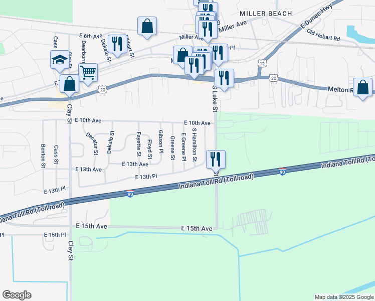 map of restaurants, bars, coffee shops, grocery stores, and more near 1141 East Greene Place in Gary