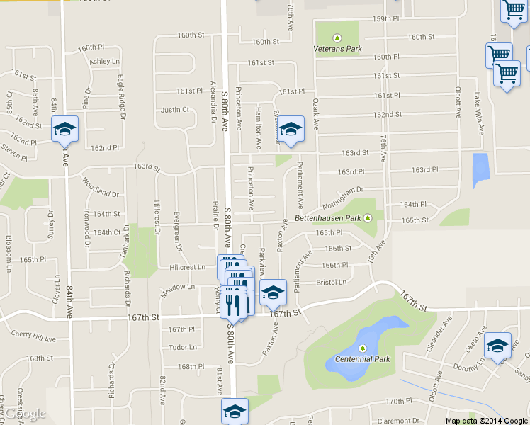 map of restaurants, bars, coffee shops, grocery stores, and more near 7921 164th Court in Tinley Park