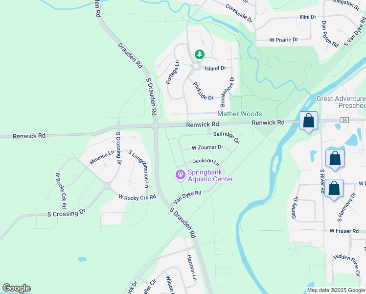 map of restaurants, bars, coffee shops, grocery stores, and more near 16043 Selfridge Circle in Plainfield