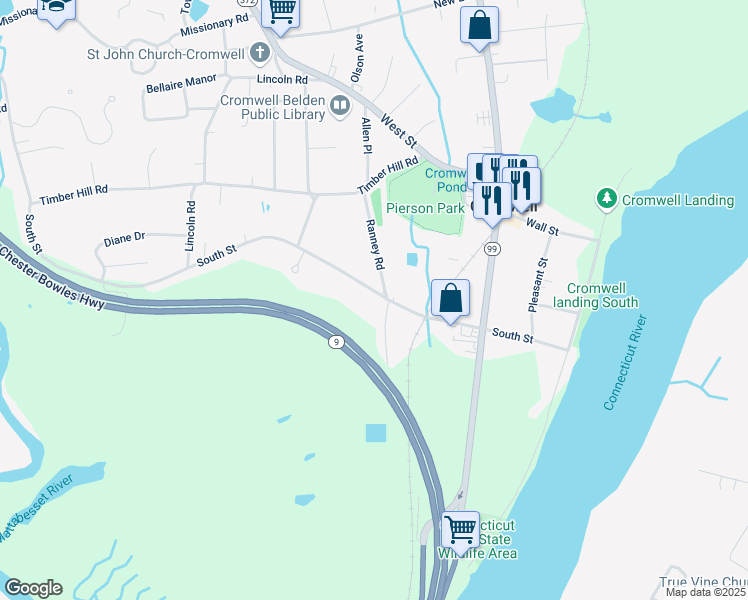 map of restaurants, bars, coffee shops, grocery stores, and more near 53 South Street in Cromwell