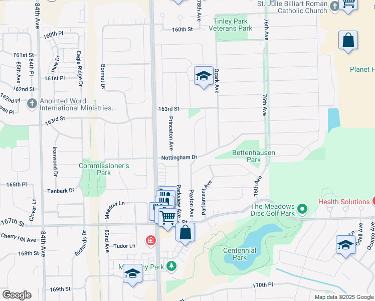 map of restaurants, bars, coffee shops, grocery stores, and more near 16436 Paxton Avenue in Tinley Park