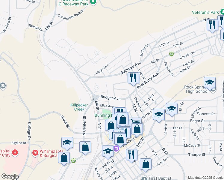 map of restaurants, bars, coffee shops, grocery stores, and more near 425 Tisdel St in Rock Springs