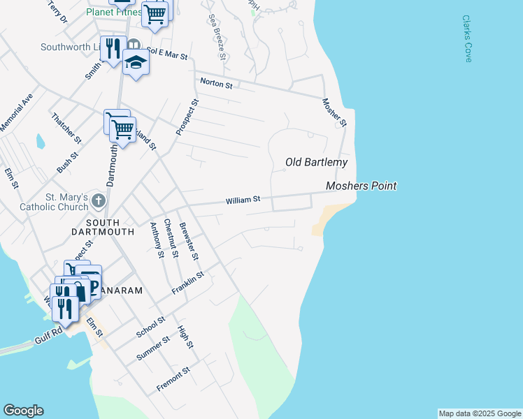 map of restaurants, bars, coffee shops, grocery stores, and more near 45 Stoneledge Road in Dartmouth