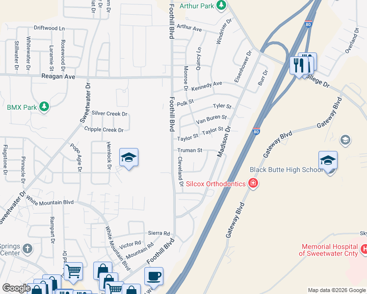 map of restaurants, bars, coffee shops, grocery stores, and more near 1061 Truman St in Rock Springs
