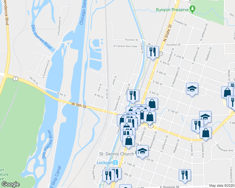 map of restaurants, bars, coffee shops, grocery stores, and more near 703 Daviess Avenue in Lockport