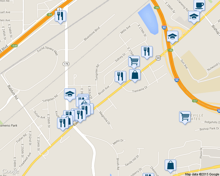 map of restaurants, bars, coffee shops, grocery stores, and more near 26750 Brush Avenue in Euclid