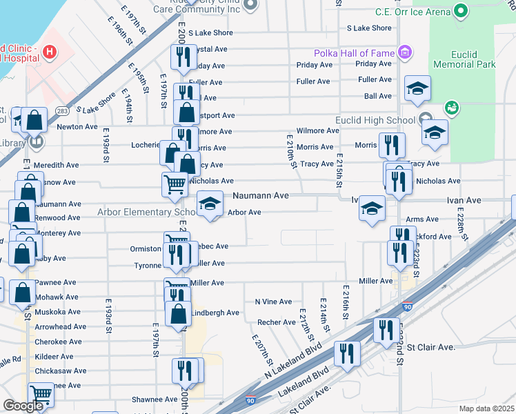 map of restaurants, bars, coffee shops, grocery stores, and more near 20767 Arbor Avenue in Euclid