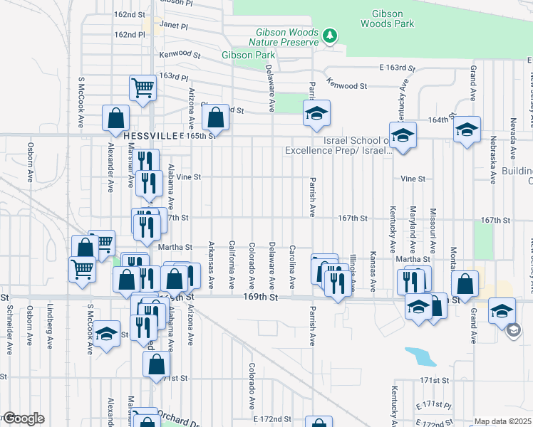 map of restaurants, bars, coffee shops, grocery stores, and more near 6650 Delaware Ave in Hammond