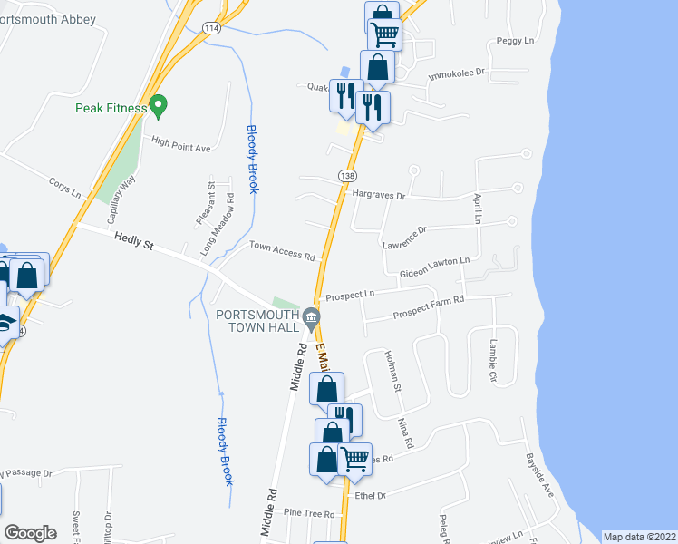 map of restaurants, bars, coffee shops, grocery stores, and more near 2267 East Main Road in Portsmouth