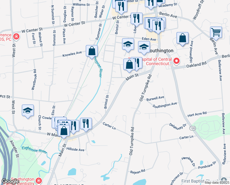 map of restaurants, bars, coffee shops, grocery stores, and more near 493 Main Street in Southington