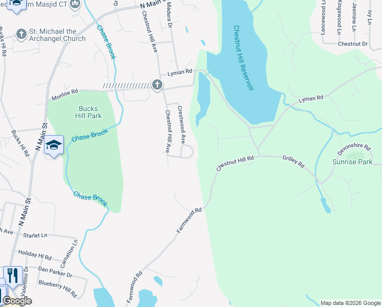 map of restaurants, bars, coffee shops, grocery stores, and more near 82 Cooper Drive in Waterbury