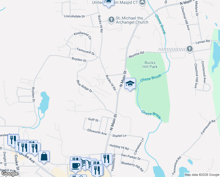 map of restaurants, bars, coffee shops, grocery stores, and more near 31 Bucks Hill Road in Waterbury