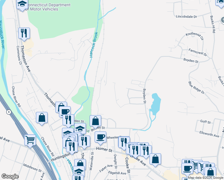 map of restaurants, bars, coffee shops, grocery stores, and more near 114 Kara Drive in Waterbury