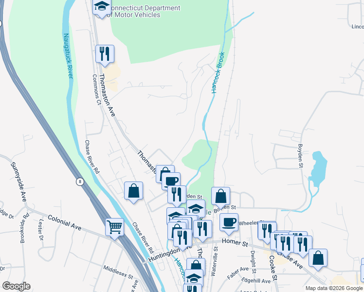 map of restaurants, bars, coffee shops, grocery stores, and more near 90 Sheffield Street in Waterbury