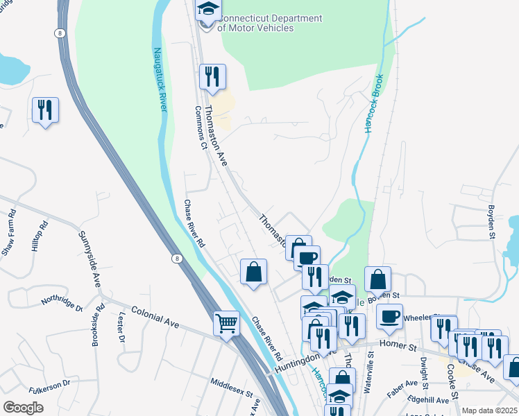 map of restaurants, bars, coffee shops, grocery stores, and more near 1772 Thomaston Avenue in Waterbury
