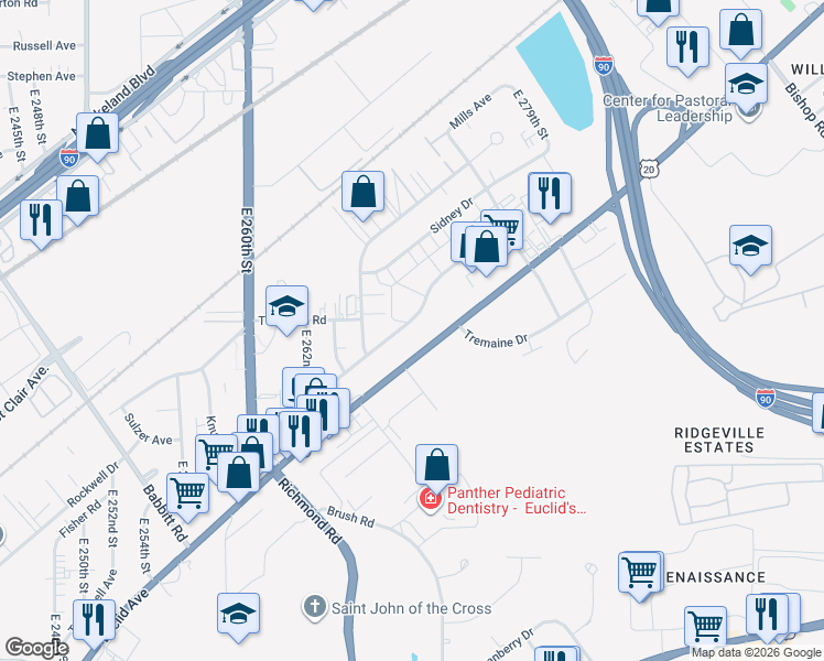 map of restaurants, bars, coffee shops, grocery stores, and more near 26750 Brush Avenue in Euclid