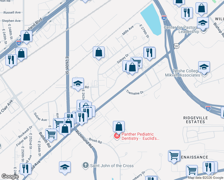 map of restaurants, bars, coffee shops, grocery stores, and more near 26750 Brush Avenue in Euclid