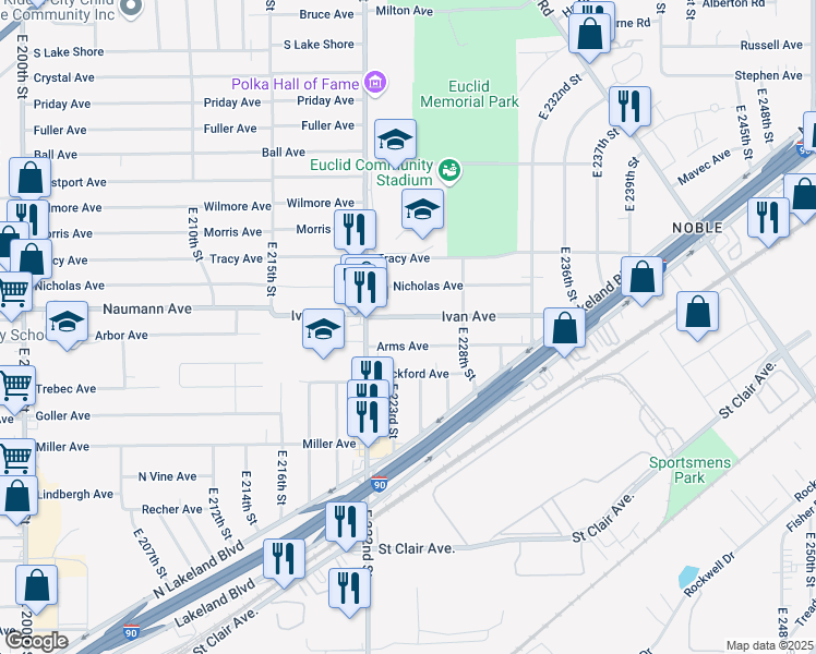 map of restaurants, bars, coffee shops, grocery stores, and more near 22430 Ivan Avenue in Euclid