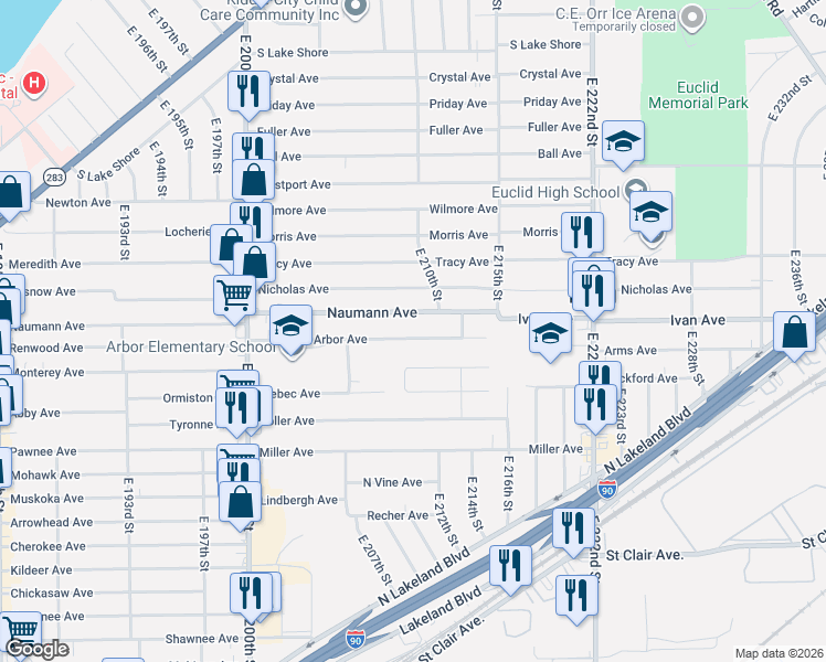 map of restaurants, bars, coffee shops, grocery stores, and more near 21011 Arbor Avenue in Euclid