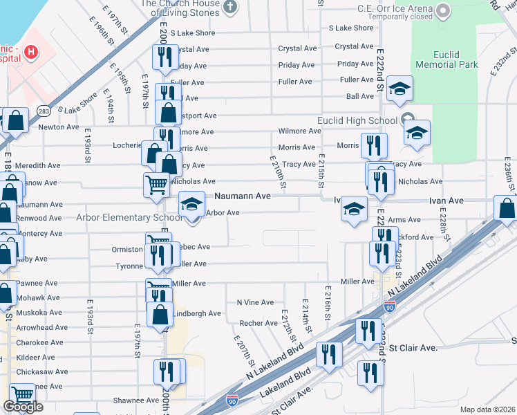 map of restaurants, bars, coffee shops, grocery stores, and more near 21011 Arbor Avenue in Euclid