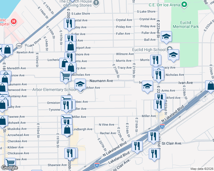 map of restaurants, bars, coffee shops, grocery stores, and more near 21011 Arbor Avenue in Euclid