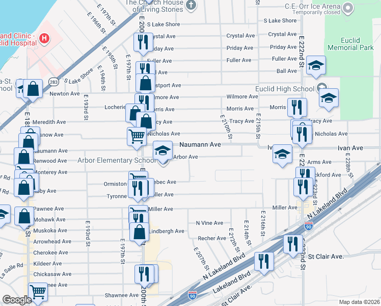 map of restaurants, bars, coffee shops, grocery stores, and more near 20767 Arbor Avenue in Euclid