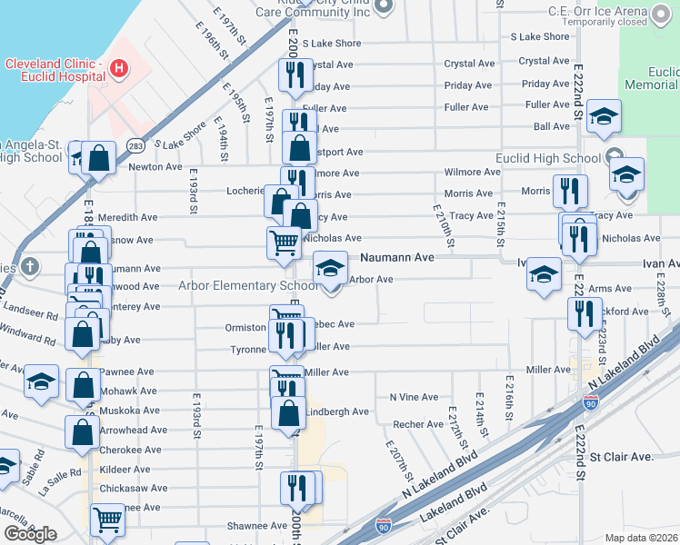 map of restaurants, bars, coffee shops, grocery stores, and more near 20271 Arbor Avenue in Euclid