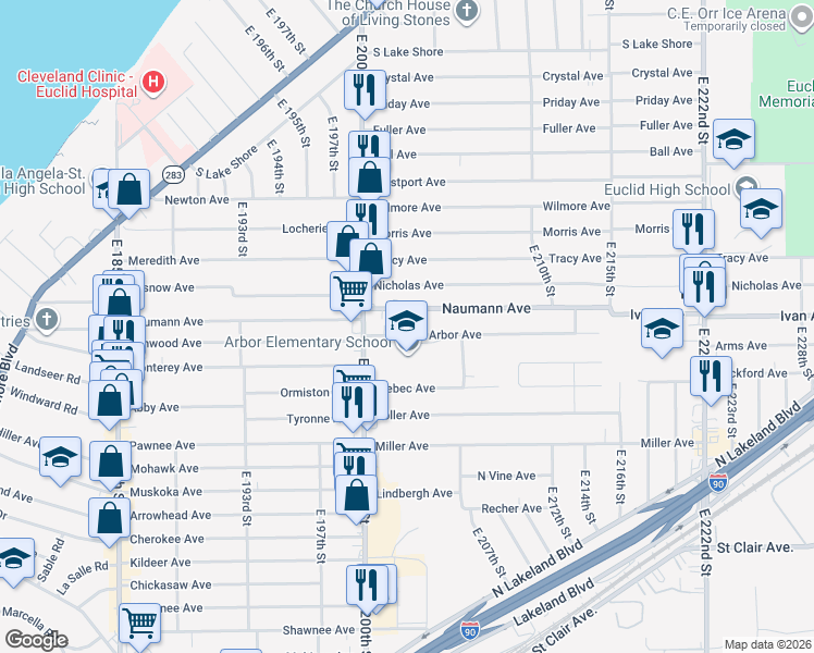 map of restaurants, bars, coffee shops, grocery stores, and more near 20271 Arbor Avenue in Euclid