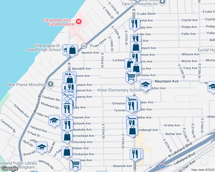 map of restaurants, bars, coffee shops, grocery stores, and more near 19330 Naumann Avenue in Euclid
