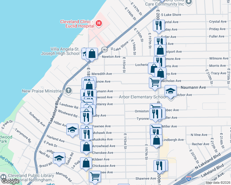 map of restaurants, bars, coffee shops, grocery stores, and more near 19101 Renwood Avenue in Euclid