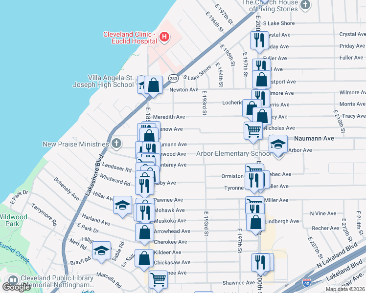 map of restaurants, bars, coffee shops, grocery stores, and more near 18870 Naumann Avenue in Euclid